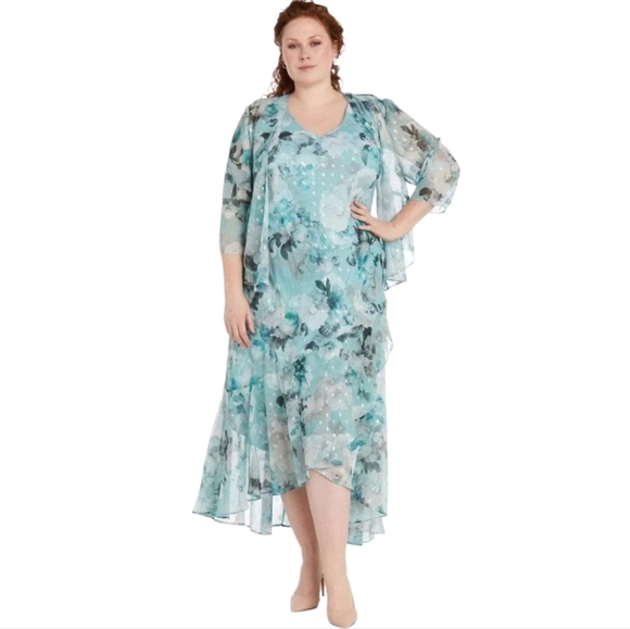 R&M Richards Dresses & Skirts - R&M Richards Plus Size Women's Teal Whimsical Fairy Floral Maxi Dress. 2 PC. 16